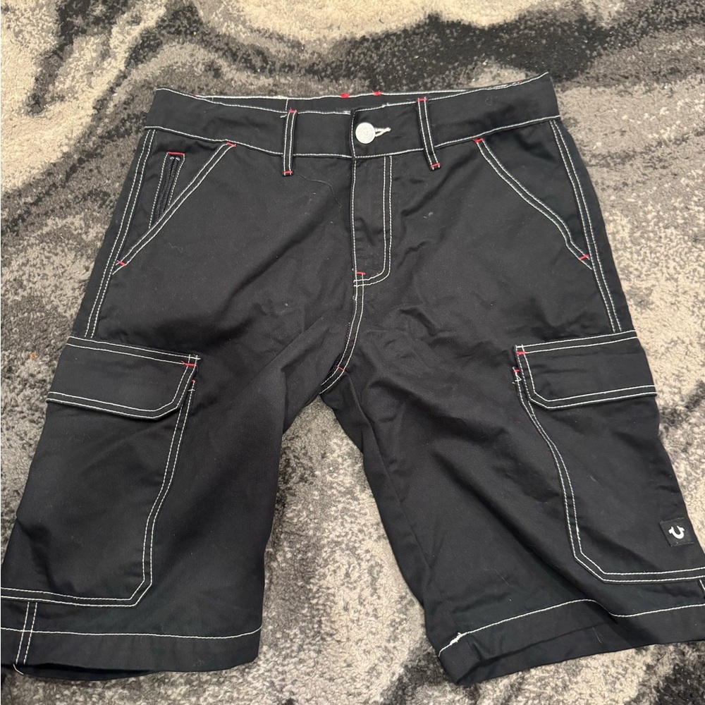 True Religion Black Jean Shorts with White Stitching